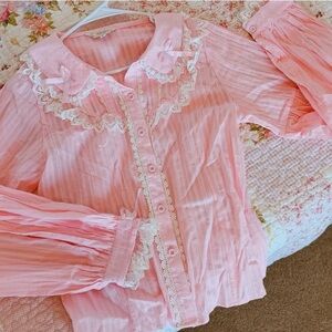 Kawaii Angelic Pink Dainty Ribbon Bow Lace Trim Lolita Peter Pan Collar Blouse